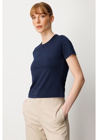 On Kadın Sıfır Yaka Kısa Kol Basic Bluz 61334 Lacivert Lacivert
