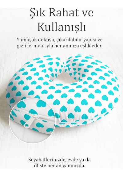 Turkuaz Kalp Desenli Boyun Yastığı - Modern Beyaz Mavi Yumuşak Seyahat Yastığı Buzlu Dumanlı Yosun