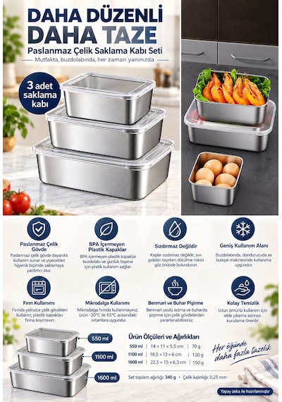 3 Adet Set 304 Çelik Yemek Meyve Et Buzdolabı Beslenme Saklama Kabı Mt323 Gri