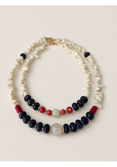 El Yapımı Doğal Taşlı İkili Kolye Beyaz Mercan, Lapis Lazuli, Jasper Ve Ay Taşı Kolye Mavi