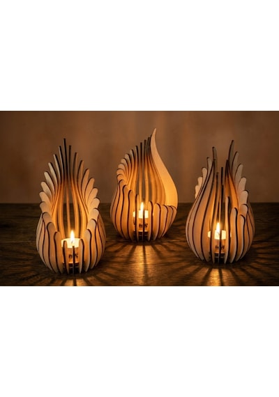 Ateş 3'lü Tealight Mumluk Ahşap Mumluk + Led Pilli Mum Ham Mdf