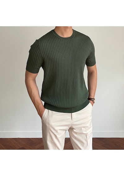 Tarz Cool Erkek Fitilli Slim Fit Bisiklet Yaka Triko T-shirt Haki