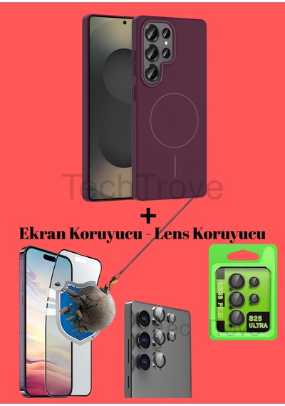 Samsung Uyumlu Galaxy S25 Ultra Kılıf Magsafe Özellikli Kamera Koruma Ve Ekran Koruyucu 3'lü Set