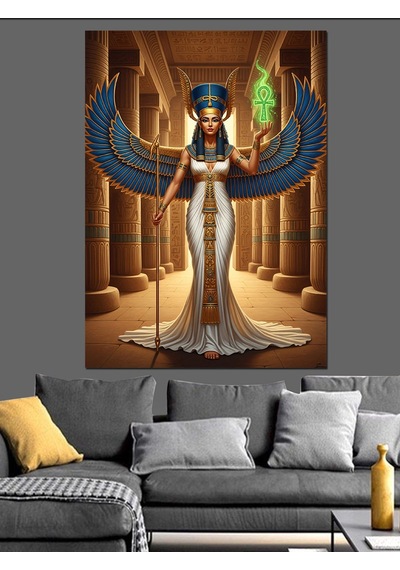 Ahşap Tablo Tapınaktaki Kanatlı Mısır Tanrısı Heykeli