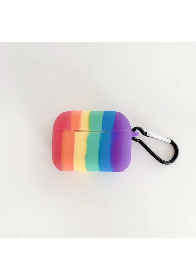 Wozlo Apple Uyumlu AirPods Pro 1. Nesil Silikon Koruma Kılıfı Rainbow Kopçalı Koruyucu Kılıf - Gökkuşağı