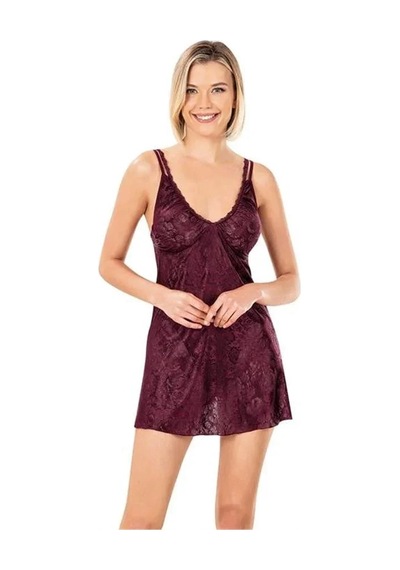 Ang Butik Kadın Dantel İşlemeli Bordo Jakarlı Gecelik