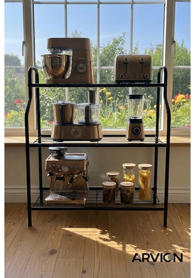 Modern Siyah 3 Katlı Metal Mutfak Ve Dekoratif Saksılık Çiçeklik Dayanıklı Raflı Stand-organizer Siyah