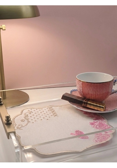2 Adet Pip Royal Uyumlu Pembe Beyaz Nakışlı Lüks Keten Sunum Peçetesi 15x15cm Çok Renkli