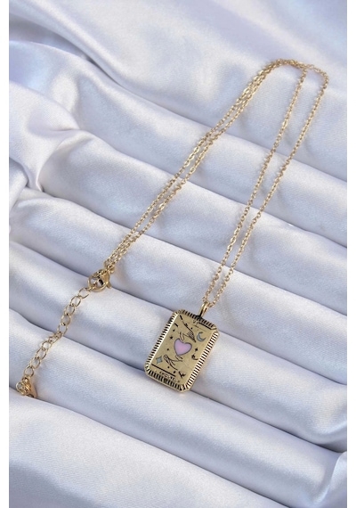316l Çelik Zincir Eskitme Altın Renk Pembe Mineli Kalp Figürlü Tarot Kolye Çok Renkli