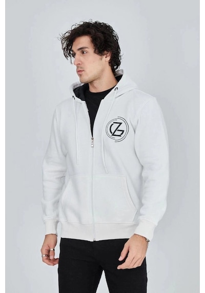Freedom Storee Erkek 3 İplik Pamuklu Fermuarlı Kapüşonlu Kanguru Cepli Baskılı Hoodie Hırka Sweatshirt - Beyaz Çok Renkli