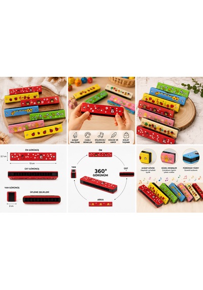 2 Adet Çocuklar İçin Ahşap Mızıka Çocuk Oyuncağı Renkli Desenli Müzik Aleti Eğitici Eğlenceli Hediye