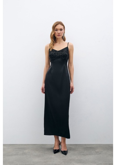 Sateen Payet Detaylı Saten Elbise - Siyah-135686 Siyah