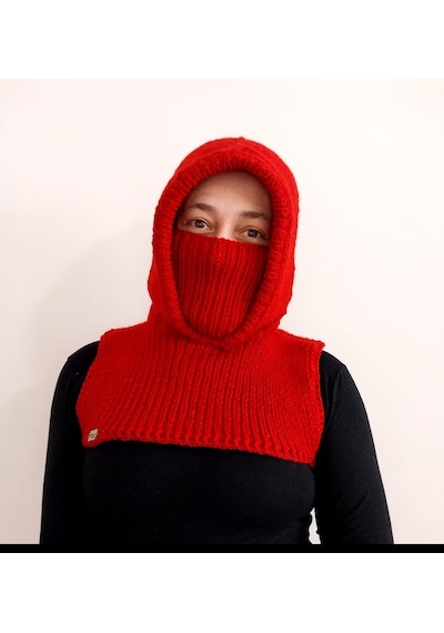 Kemzey Handmade El Yapımı Balaklava, Örgü Şapkalı Boyunluk , Yünlü Şapka Kırmızı