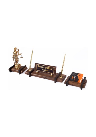 Avukata Ahşap Masa İsimliği Themis Heykel Ofis İsimlik Set