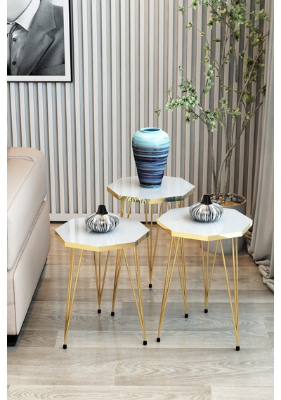3'lü Zigon Sehpa Gold Serisi Sekizgen Model Zigon Sehpa Metal Tel Ayak Beyaz
