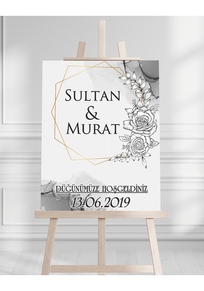 Söz Nişan Düğün İçin 50x70 Karşılama Panosu - Gri Çiçek Desenli Beyaz