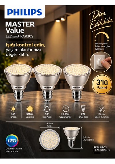 3 Adet Philips 9.5w 3000k Sarı Işık E27 Duylu 760 Lümen Dim Edilebilir Par30 Ampul