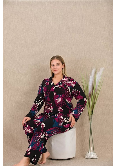Naam Büyük Beden Renkli Desenli Düğmeli Uzun Kol Viskon Pijama Takımı Çok Renkli