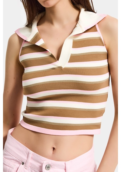 Kadın Kahve Bej S6-98 Crop Fit Polo Yaka İnce Yazlık Triko Body