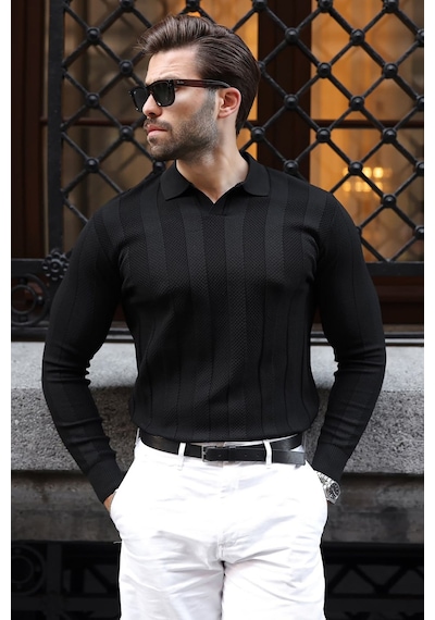 Madmext Siyah Regular Fit Polo Yaka Triko Erkek Kazak E7509