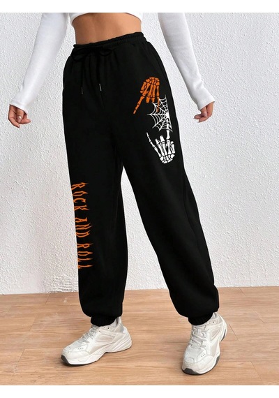 Halloween Skeleton Hand & Letter Graphic Drawstring Waist 4 Mevsim Eşofman Siyah