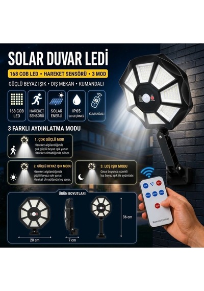 Buffer 168b Solar Led Büyük Dış Mekân Lambası, Hareket Sensörlü, Kumandalı, 3 Modlu Ultra Parlak Cob Işık, 8956731