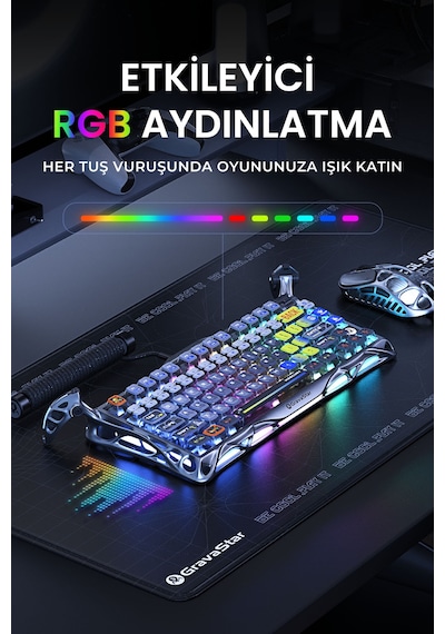 Gravastar Mercury K1 Pro+x Kablosuz Rgb Işıklı Mekanik Q Gaming Klavye Ve Optik Mouse Seti, Uzay Gri Optik