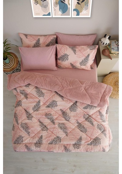 Palm Desenli Çift Kişilik Çift Taraflı Wellsoft Uyku Seti - Pembe - 195x215 Pembe Palm