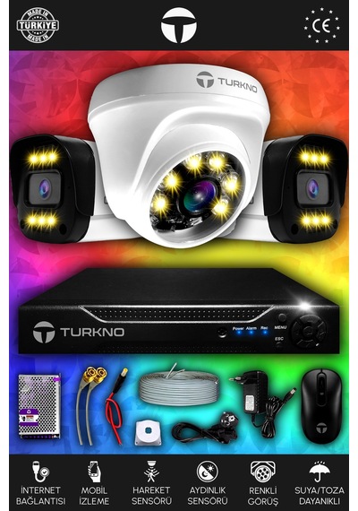 Turkno 3 Kameralı Ultia 1 İç Kamera Set HDD'siz 5 MP 2K Net Renkli Gece Görüşlü Güvenlik Kamerası Sistemi
