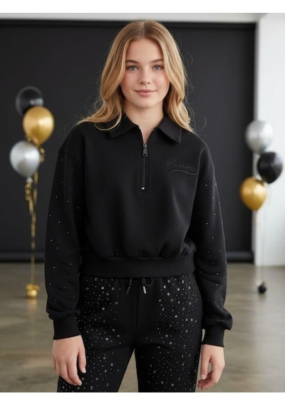 Kız Çocuk Yakası Fermuarlı Kolları Taş İşlemeli Tasarım Sweatshirt-16531 Siyah
