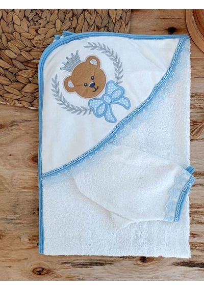 Yeni Doğan Bear Nakışlı Pareolu 4lü Erkek Bebek Havlu20 Takımı Beyaz - Mavi