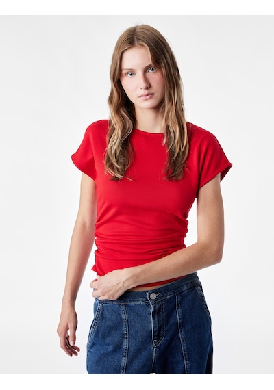 Koton Slim Fit Kısa Kollu Bisiklet Yaka Büzgülü Tişört Kırmızı 6sal10637ık