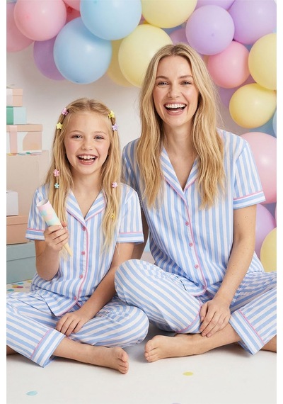 Siyah İnci Pamuklu Likralı Düğmeli Pijama Takım Mavi Beyaz