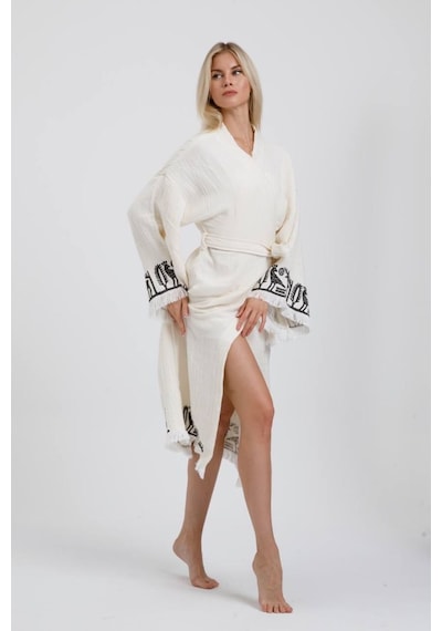 Befera Hitit Müslin Kimono Pamuklu Lotus Baskılı Desenli Bornoz Kaftan Sabahlık Ekru