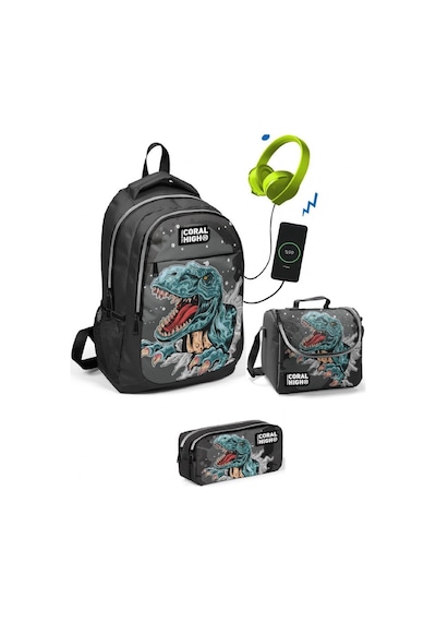 Coral High Erkek Çocuk Dinazor Desenli 3'lü Çanta Takımı - Usb So