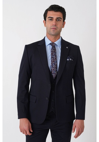 Efor Slim Fit Esnek Pamuklu Dokulu Lacivert Yelekli Takım Elbise Tk 959
