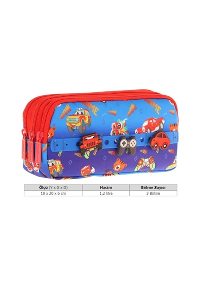 Kaukko Kids Mavi Kırmızı, Arabalar, Erkek Çocuk Üç Bölmeli Okul Kalem Çantası - L8258 Mavi - Kırmızı