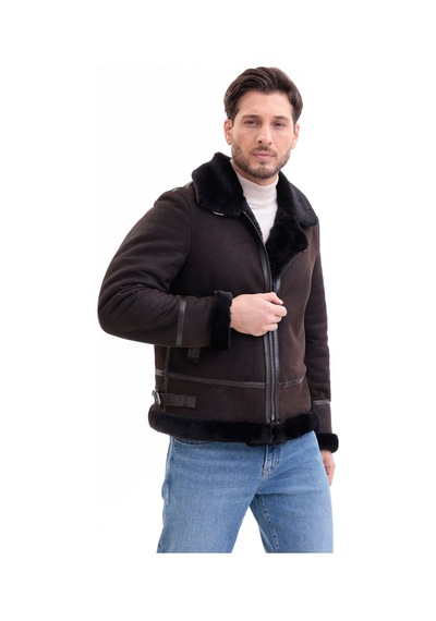 M M Marki Marki Erkek Hakiki Deri Mont Pilot Model Kahverengi İngiliz Yaka İçi Kürklü Fermuarlı 70 Cm