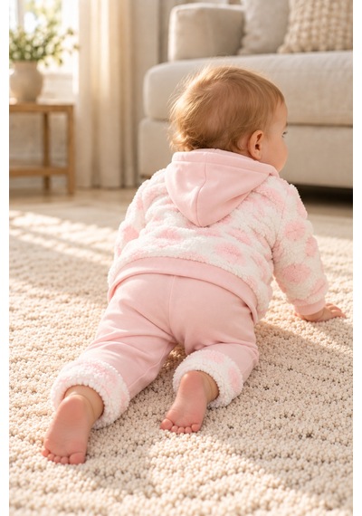 Ahengim Kız Bebek 3 Parça Takım Kapüşonlu Peluş Ceket Ayıcık Nakışlı Üst Ve Pantolon Ak2482 Pembe