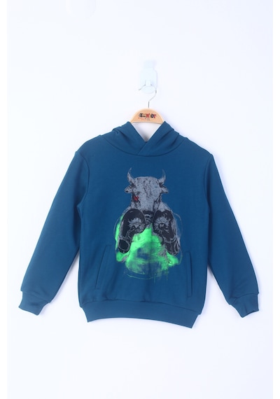 Toontoy Kids Toontoy Erkek Çocuk Boks Eldivenli Boğa Baskılı Sweatshirt Petrol Mavi