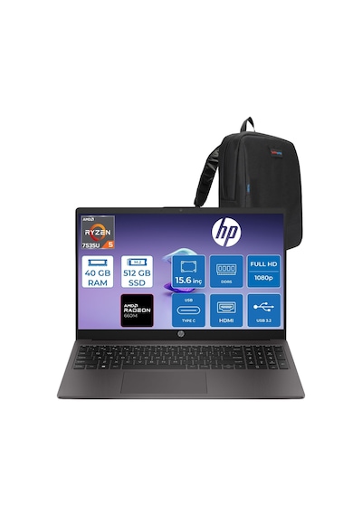 HP 255 G10 D30M3ETF13 R5-7535U 40 GB 512 GB SSD 15.6" Dos Dizüstü Bilgisayar + Zetta Çanta
