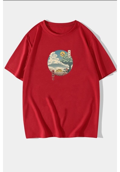 Unisex Neighbor's Ukiyo E Baskılı T-shirt Kırmızı