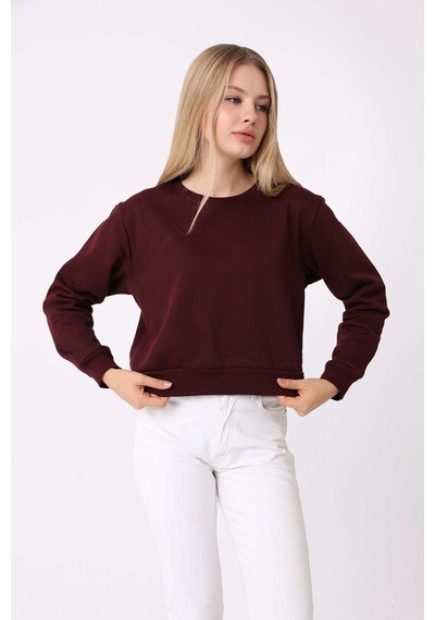 Defys Kadın Bisiklet Yaka Üç İplik Şardonlu Basic Sweatshirt Bordo - 747511219 Bordo