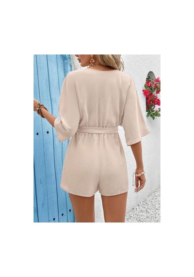 Butik İstanbul Kadın Kısa Kollu Kruvaze Yaka Belden Kuşaklı Kısa Aerobin Tulum Bej