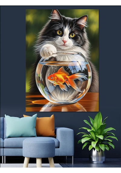 Ahşap Tablo Balık Fanusu Ve Kedi