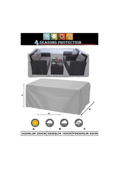 Wovex Premium Kalın Bahçe Mobilya Brandası 260x160x80 Cm Masa Sandalye Gri