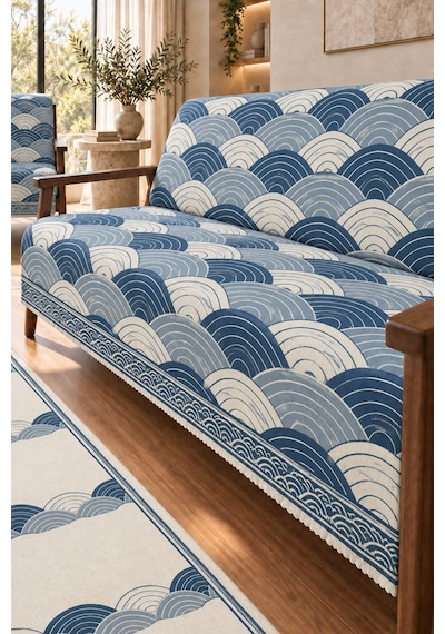 3 Lü Set 2 Adet 165x215 Cm Koltuk Örtüsü + 1 Adet 6m2 180x280 Cm Kaymaz Taban Dijital Baskılı Halı lacivert
