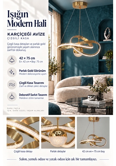 Karçiçegi Büyük Modern Ledli Avize Çizgili 3 Renk Power Ledli Gold Kaplama Yatak Odası Salon Mutfak