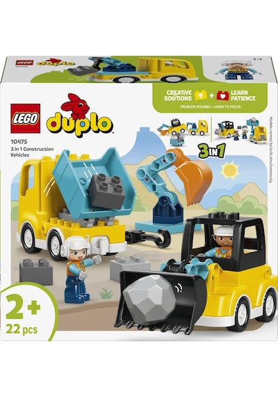 LEGO® DUPLO® Kasabası 3'ü 1 Arada İnşaat Araçları 10475 - 2 Yaş ve Üzeri Çocuklar için Yaratıcı Oyuncak Yapım Seti (22 Parça)