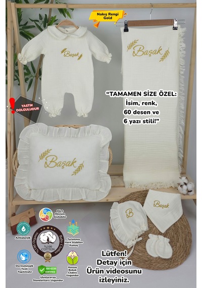 Gros Shop Müslin Yeni Doğan 4katlı Organik %100pamuk Kişiye Özgü Nakışlı Hastane Çıkış Seti-başak Model Ekru-1